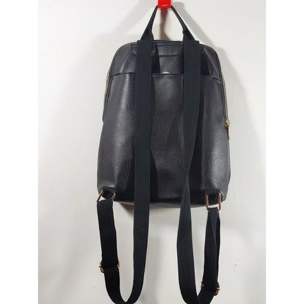 Woman's Black Faux Leather Gold Zippers Double Strap Bookbag Small 11.5